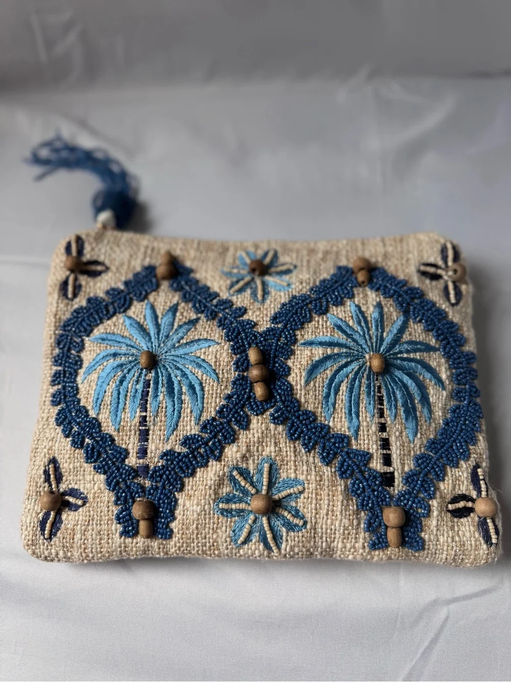 Beaded Palm Tree Embroidered Wristlet Clutch - Blue on Natural